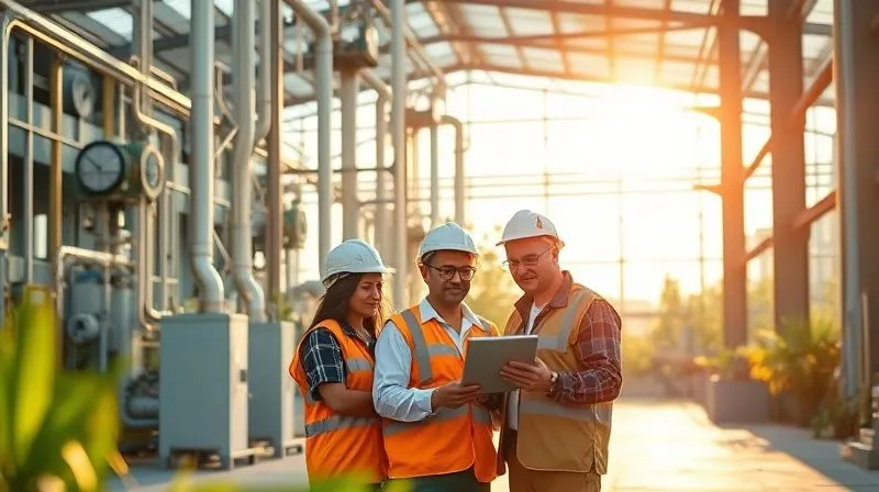 A photorealistic image of a modern, clean industrial facility with visible air quality monitoring equipment and lush green surroundings, bathed in warm, optimistic sunlight. A diverse team of engineers and environmental specialists are seen collaborating in the foreground, reviewing data on a tablet. Professional photography, 8K, cinematic lighting, sharp focus, depth of field.