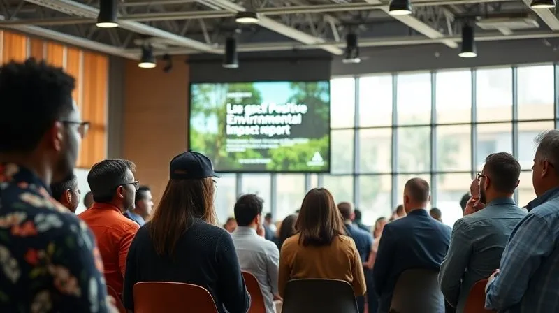 A photorealistic image of a diverse group of stakeholders (community members, employees, executives) gathered in an open, bright forum, engaged in earnest discussion. A large screen in the background displays a positive environmental impact report. Professional photography, 8K, cinematic lighting, sharp focus, depth of field.