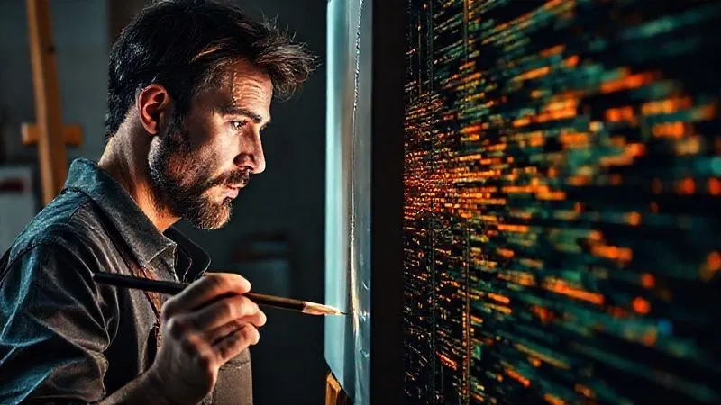 A photorealistic split image: on one side, a human artist with a paintbrush, looking thoughtfully at a canvas; on the other side, glowing lines of code forming an abstract digital artwork, with a seamless transition between the two, cinematic lighting, sharp focus, depth of field, 8K hyper-detailed, professional photography, shot on a high-end DSLR.