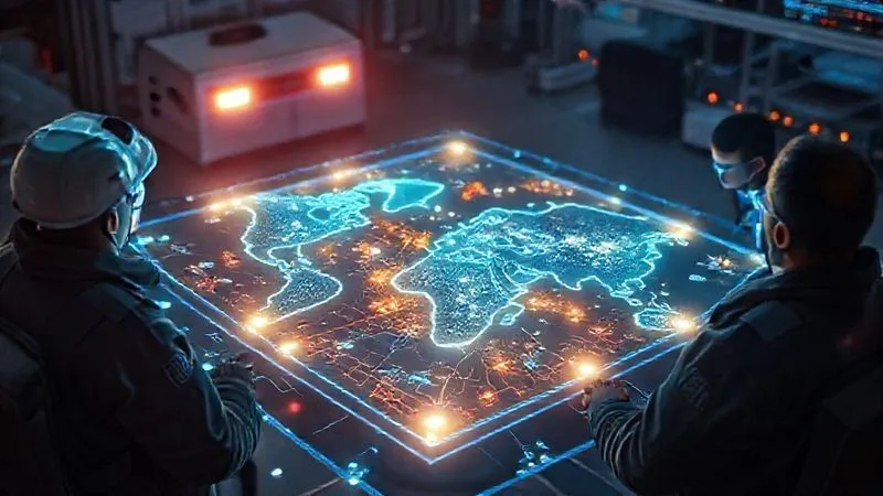 A photorealistic image of a diverse emergency response team around a glowing holographic map, representing a cyber incident, cinematic lighting, sharp focus, depth of field, 8K hyper-detailed, professional photography, shot on a high-end DSLR.
