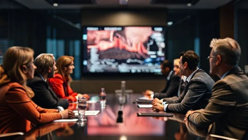 A photorealistic image of a diverse group of executives and legal counsel in a modern boardroom, intensely discussing a crisis, with a blurred digital news report on a screen in the background. Cinematic lighting, sharp focus on the group, depth of field, 8K hyper-detailed, professional photography, shot on a high-end DSLR.