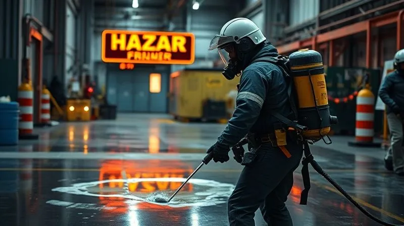 Photorealistic, professional photography, 8K, cinematic lighting, sharp focus, depth of field, shot on a high-end DSLR, a HAZMAT team member in full protective gear deploying containment booms around a small, contained chemical spill in an industrial facility, an urgent but controlled atmosphere, with clear signage in the background.