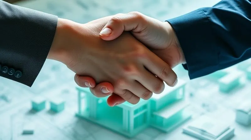 A photorealistic image of two hands shaking over a complex, digitally rendered green building blueprint, with legal contract documents subtly visible in the background, cinematic lighting, sharp focus on the handshake, depth of field, 8K hyper-detailed, professional photography.