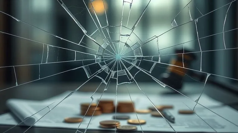 A photorealistic image of a cracked and shattered glass pane, with legal documents and scattered coins visible underneath, hinting at the destructive financial impact of legal battles. The background is blurred, focusing on the fractured surface. Cinematic lighting, sharp focus on the cracks, depth of field. 8K hyper-detailed, professional photography, shot on a high-end DSLR.