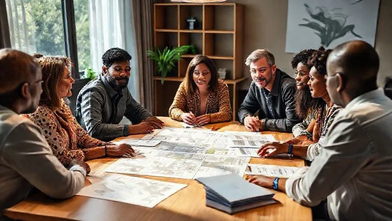 A professional, candid photograph of a diverse group of community members and a developer sitting around a table, engaged in a constructive dialogue. On the table, there are architectural plans and environmental reports. The atmosphere is collaborative and respectful, with natural light streaming in. Photorealistic, professional photography, 8K, cinematic lighting, sharp focus, depth of field, shot on a high-end DSLR.