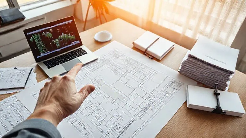 A high-angle shot of a meticulously organized desk with architectural blueprints, a laptop displaying environmental survey data, and legal documents neatly stacked. A hand points to a specific area on the blueprint, indicating careful planning. The setting is a modern, sunlit office. Photorealistic, professional photography, 8K, cinematic lighting, sharp focus, depth of field, shot on a high-end DSLR.