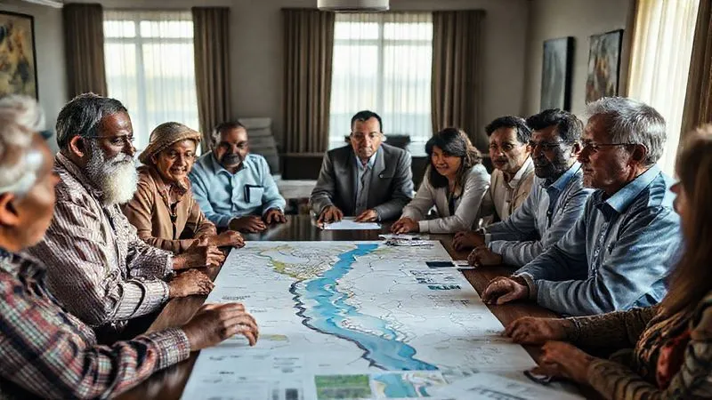 A photorealistic, professional photography, 8K, cinematic lighting, sharp focus, depth of field, shot on a high-end DSLR, depicting diverse stakeholders (farmers, city officials, environmentalists, business leaders) gathered around a large table, actively engaged in discussion. On the table, there are maps of a river basin and water flow diagrams, symbolizing collaborative problem-solving for water scarcity. The mood is serious but constructive, with natural light filtering in.