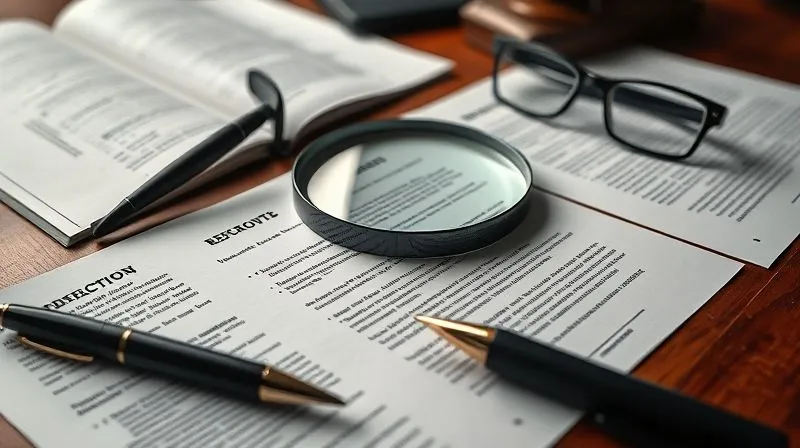 A close-up, photorealistic shot of legal documents spread out on a mahogany table, with a magnifying glass over key text, a pen, and a pair of reading glasses, 8K, cinematic lighting, sharp focus.