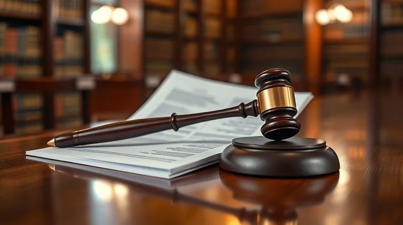 A photorealistic image of a legal brief with a judge's gavel resting beside it on a polished courtroom bench, with a blurred background of a legal library, 8K, cinematic lighting, sharp focus.