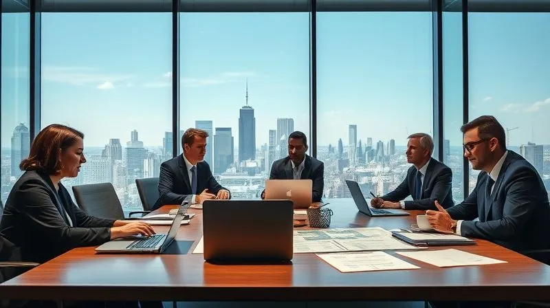 A photorealistic image of a legal team collaborating around a large conference table covered with legal documents, laptops, and coffee cups, looking determined and focused, with city skyline visible through a large window, 8K, cinematic lighting, professional attire.