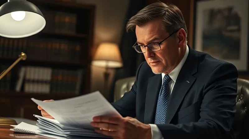 Photorealistic, professional photography, 8K, cinematic lighting, sharp focus, depth of field, shot on a high-end DSLR. A legal professional, dressed in a sharp suit, meticulously reviews a stack of complex, aged mortgage documents under a focused desk lamp in a dimly lit, traditional law office. Their expression is serious and concentrated, conveying deep expertise and attention to detail.