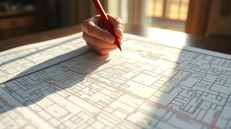 A photorealistic image of a detailed property survey map spread out on a table, with a hand holding a red pen marking a clear boundary line. Sunlight streams through a window, illuminating the intricate details. Professional photography, 8K, cinematic lighting, sharp focus on the map, depth of field blurring the background.