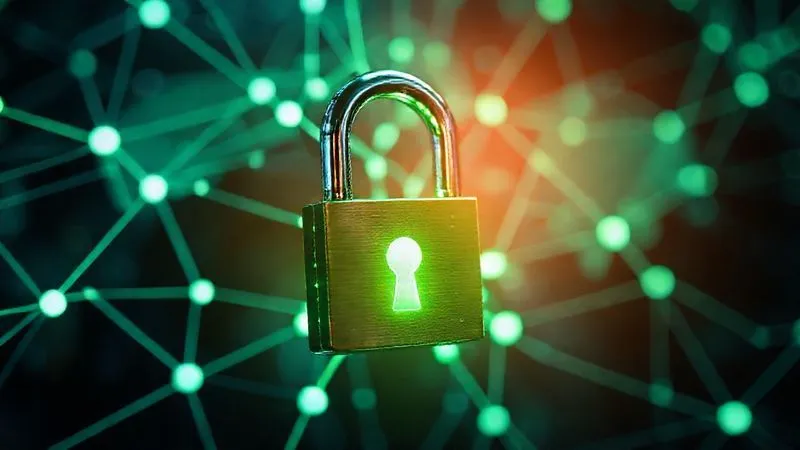 A photorealistic image of a digital padlock glowing with green light, securing a complex network of interconnected data nodes, symbolizing robust data security. Cinematic lighting, sharp focus on the padlock, depth of field blurring the background network, 8K hyper-detailed, shot on a high-end DSLR, professional photography.