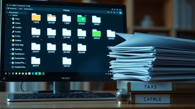 photorealistic, professional photography, 8K, cinematic lighting, sharp focus, depth of field, shot on a high-end DSLR. A well-organized digital file system displayed on a modern computer screen, with folders clearly labeled for different tax years and categories, alongside a neat stack of physical documents in a labeled folder, emphasizing order and accessibility.