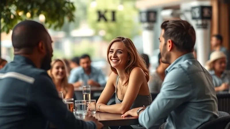 A photorealistic image of a group of diverse individuals chatting and laughing at an outdoor cafe, with one couple subtly interacting closely in the foreground, their body language suggesting intimacy. Soft, natural lighting, sharp focus on the couple, depth of field blurring the background, 8K hyper-detailed, shot on a high-end DSLR.