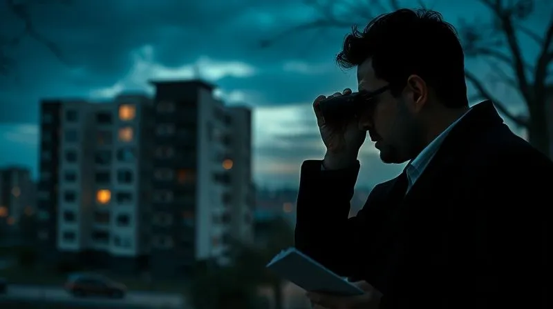 A photorealistic, discreet shot of a modern private investigator, partially obscured by shadows, observing a residential building from a distance with binoculars, holding a notepad. The scene is urban at dusk, with cinematic lighting, sharp focus on the investigator, depth of field blurring the background, 8K hyper-detailed, shot on a high-end DSLR.