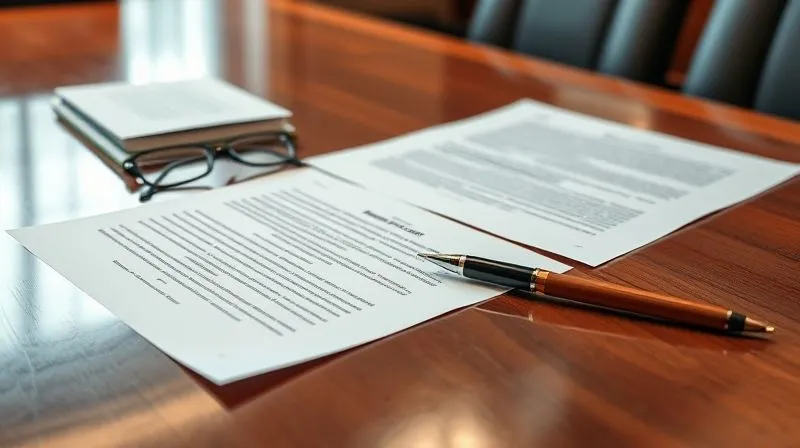 A photorealistic image of a legal brief or court documents spread across a polished wooden conference table, with a pen and reading glasses beside them, under soft, focused lighting. The scene conveys diligence and meticulous preparation, with sharp focus on the documents, depth of field, 8K hyper-detailed, shot on a high-end DSLR.