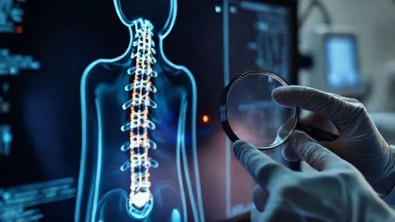 A photorealistic, professional photography, 8K, cinematic lighting, sharp focus, depth of field, shot on a high-end DSLR. A close-up view of a high-resolution medical imaging screen displaying a human spinal column, with a very faint, almost imperceptible anomaly highlighted by a subtle glow. In the foreground, a pair of expert hands (one gloved, one ungloved) are meticulously analyzing the screen, one holding a magnifying glass, the other pointing with precision. The background is blurred, showing complex medical equipment. The scene conveys the extreme difficulty of detecting subtle injuries and the intense focus required by specialists.
