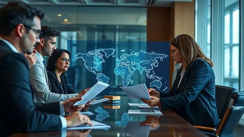 photorealistic, professional photography, 8K, cinematic lighting, sharp focus, depth of field, shot on a high-end DSLR, a diverse legal team in a modern conference room, intensely examining documents and a digital map of the world, conveying urgency and strategic planning, with focused expressions.