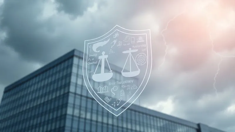 photorealistic, professional photography, 8K, cinematic lighting, sharp focus, depth of field, shot on a high-end DSLR, a strong, transparent shield made of intertwined legal clauses and treaty symbols, protecting a modern corporate building from storm clouds and lightning bolts, symbolizing political risk, with a sense of security and foresight.