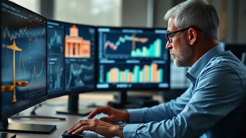 photorealistic, professional photography, 8K, cinematic lighting, sharp focus, depth of field, shot on a high-end DSLR, a sophisticated financial analyst meticulously reviewing complex charts and economic models on multiple screens, with a backdrop of a blurred courthouse or scales of justice, symbolizing the intersection of finance and law in dispute resolution.