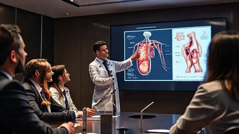 A photorealistic image of a medical expert, dressed in professional attire, pointing to a detailed anatomical diagram on a large screen, explaining complex medical concepts to a attentive legal team. The scene is set in a modern conference room, with cinematic lighting highlighting the expert and diagram. Professional photography, 8K, shot on a high-end DSLR.