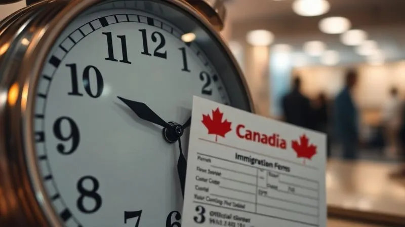 A photorealistic image of a clock face with the hands nearing midnight, overlaid with official Canadian immigration forms. The lighting is soft but urgent, with a sharp focus on the forms and a blurred background suggesting a busy office. 8K, cinematic lighting, depth of field, shot on a high-end DSLR, professional photography.