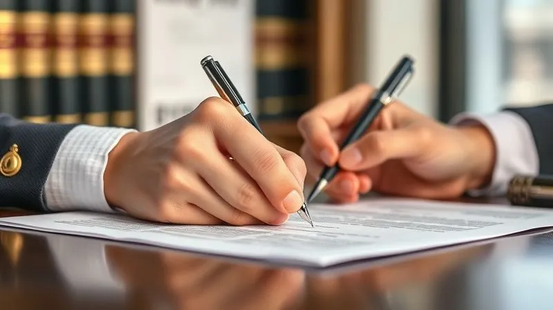 A photorealistic image of a legal brief or immigration application document, with a focused hand holding a pen, ready to sign. The background shows a blurred, professional office setting with legal books. The lighting is strong and clear, emphasizing precision and attention to detail. 8K, cinematic lighting, depth of field, sharp focus, shot on a high-end DSLR, professional photography.