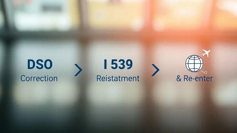 A photorealistic, clear, and professional infographic-style image showing three distinct pathways or options, perhaps with arrows and icons representing 'DSO Correction', 'I-539 Reinstatement', and 'Depart & Re-enter'. The path for DSO Correction is shorter and straighter, while I-539 is longer and more winding, and Depart & Re-enter shows an international flight icon. Cinematic lighting, sharp focus, depth of field. 8K hyper-detailed, professional photography, shot on a high-end DSLR.