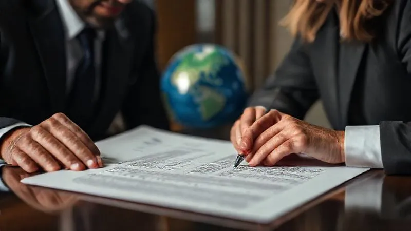 Photorealistic, professional photography, 8K, cinematic lighting, sharp focus, depth of field, shot on a high-end DSLR. A close-up of a complex legal contract being meticulously reviewed by two diverse professionals, one pointing to a specific clause, with a globe subtly blurred in the background, symbolizing global agreements.