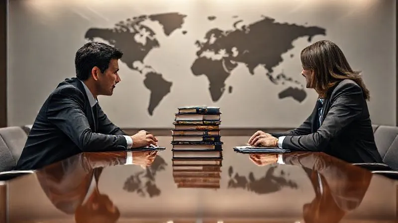 Photorealistic, professional photography, 8K, cinematic lighting, sharp focus, depth of field, shot on a high-end DSLR. Two legal teams intensely negotiating across a large, polished conference table, with a stack of international law books and a blurred world map in the background, conveying tension and high stakes.