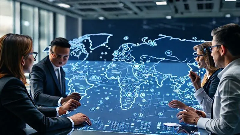 Photorealistic, professional photography, 8K, cinematic lighting, sharp focus, depth of field, shot on a high-end DSLR. A diverse team of legal and business professionals collaborating around a large digital display showing a complex global IP strategy map, with lines connecting various countries and patent symbols, conveying strategic planning and protection.