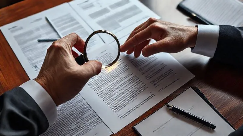 photorealistic, professional photography, 8K, cinematic lighting, sharp focus, depth of field, shot on a high-end DSLR. A person's hands are meticulously reviewing legal documents spread across a polished wooden desk. One hand holds a magnifying glass over a specific paragraph, while the other points to a highlighted section. A legal pad with notes and a pen are visible nearby. The scene conveys intense focus, strategic analysis, and the process of reviewing critical legal details after a setback.