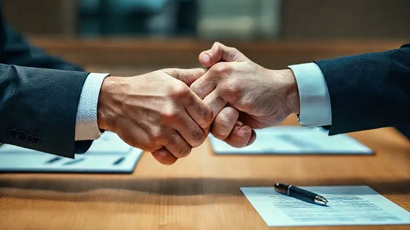 photorealistic, professional photography, 8K, cinematic lighting, sharp focus, depth of field, shot on a high-end DSLR. Two hands are clasped firmly across a conference table, symbolizing a tense but ultimately resolved negotiation. One hand belongs to a person in a conservative suit, the other to someone in slightly more casual attire. In the background, blurred legal documents and a pen are visible, emphasizing the legal context. The lighting is soft but dramatic, highlighting the hands and the sense of agreement or concession.