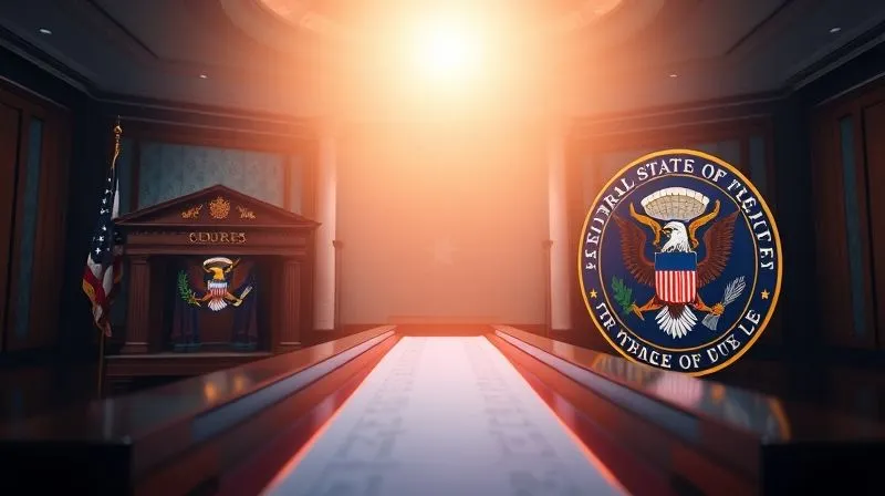 A photorealistic, professional image contrasting two distinct courtrooms: one with a state flag and seal, the other with a federal eagle and seal, connected by a subtle, glowing legal document path, symbolizing jurisdictional transitions. Cinematic lighting, sharp focus on the seals and documents, depth of field blurring the background, 8K hyper-detailed, professional photography.