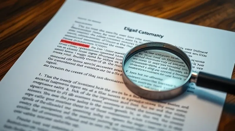A photorealistic, professional photography, 8K, cinematic lighting, sharp focus, depth of field, shot on a high-end DSLR of a complex legal document with sections highlighted in red and green, signifying risk and opportunity, with a magnifying glass hovering over critical clauses related to investment failure and job creation. The overall tone is serious and analytical.