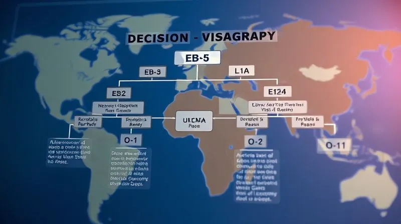 A photorealistic, professional photography, 8K, cinematic lighting, sharp focus, depth of field, shot on a high-end DSLR of a detailed decision tree diagram, with multiple branching paths showing different visa categories (EB-5, E-2, L-1A, O-1) and their respective requirements, symbolizing strategic options for immigration. The diagram is clear and professionally rendered, set against a subtle, blurred background of a global map.