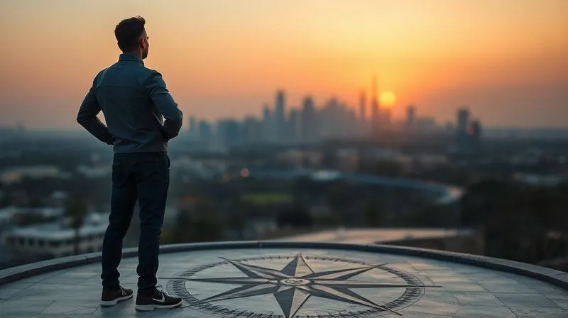 A photorealistic, professional photography, 8K, cinematic lighting, sharp focus, depth of field, shot on a high-end DSLR of a person confidently looking towards a distant, modern city skyline at dawn, symbolizing a secure and hopeful future. The person is standing on a solid, well-constructed path, representing meticulous planning, with subtle elements of a compass or map in the foreground.