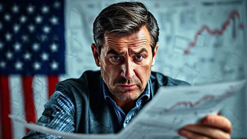 A photorealistic, professional photography, 8K, cinematic lighting, sharp focus, depth of field, shot on a high-end DSLR, of a distressed investor looking at a complex, tangled web of legal documents and broken investment charts, with a blurred background of a U.S. flag. The expression is one of confusion and anxiety, symbolizing the immediate aftermath of an EB-5 project failure.
