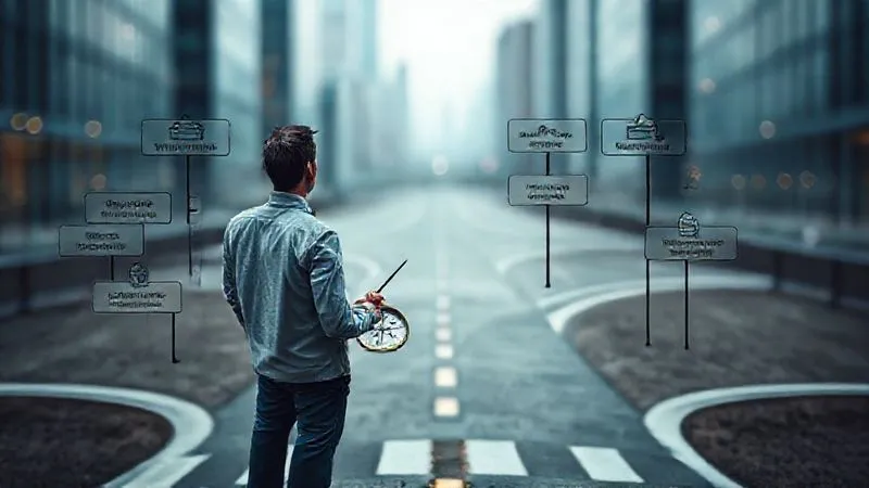 A photorealistic, professional photography, 8K, cinematic lighting, sharp focus, depth of field, shot on a high-end DSLR, of a person standing at a crossroads, looking at multiple paths, each marked with different investment symbols and legal documents. The person holds a compass pointing forward, symbolizing the complex but navigable path of EB-5 redeployment and decision-making, with a backdrop of a blurred, modern cityscape.
