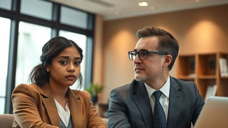 A photorealistic, professional image of a diverse individual, appearing concerned, engaged in a serious conversation with a calm, empathetic attorney in a well-lit, modern law office. The attorney is leaning forward, actively listening, conveying reassurance. Professional photography, 8K, cinematic lighting, sharp focus on their faces, depth of field blurring the background, shot on a high-end DSLR.