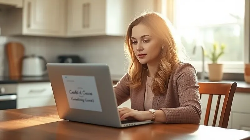 A photorealistic image of a woman, Sarah, sitting at a kitchen table, looking at a laptop screen with a credit counseling course on it, a look of focused determination mixed with a hint of relief. Sunlight streams through a window, creating a hopeful atmosphere. Professional photography, 8K, cinematic lighting, sharp focus on her face, depth of field blurring the background, shot on a high-end DSLR.