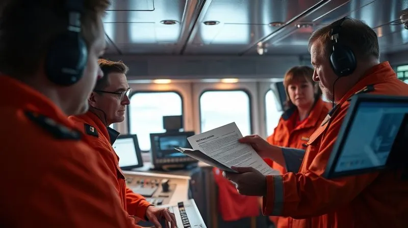 A ship's bridge with crew members looking at monitors, one pointing at an emergency plan document on a console. The atmosphere is urgent but controlled, with cinematic lighting emphasizing the crew's focused expressions, photorealistic, professional photography, 8K, sharp focus, depth of field.