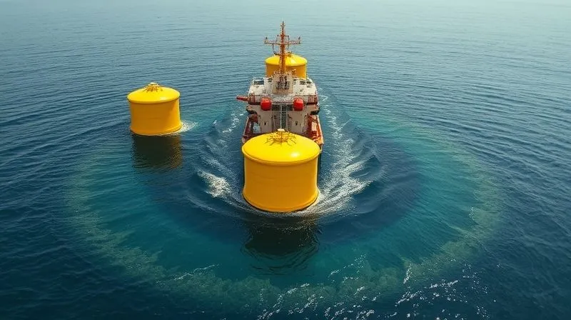 Aerial view of a clean-up vessel deploying robust yellow oil containment booms on the ocean around a visible but contained oil sheen. The water is calm, reflecting a clear sky. Photorealistic, professional photography, 8K, cinematic lighting, sharp focus on the booms, depth of field blurring the distant horizon.