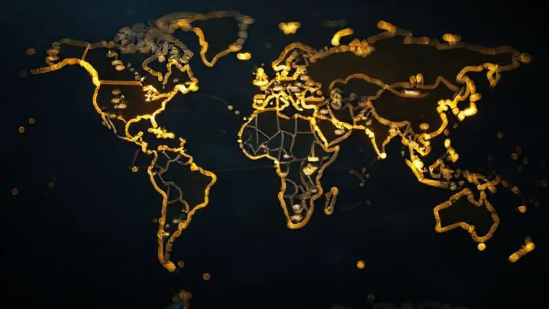 A photorealistic world map with subtle, glowing lines representing international maritime boundaries and key offshore drilling regions. Overlayed are abstract, interconnected legal symbols (scales of justice, gavels) subtly linking different regions, suggesting complex international legal frameworks. Professional photography, 8K, cinematic lighting, sharp focus on the map, depth of field blurring the surrounding darkness, conveying global legal reach.