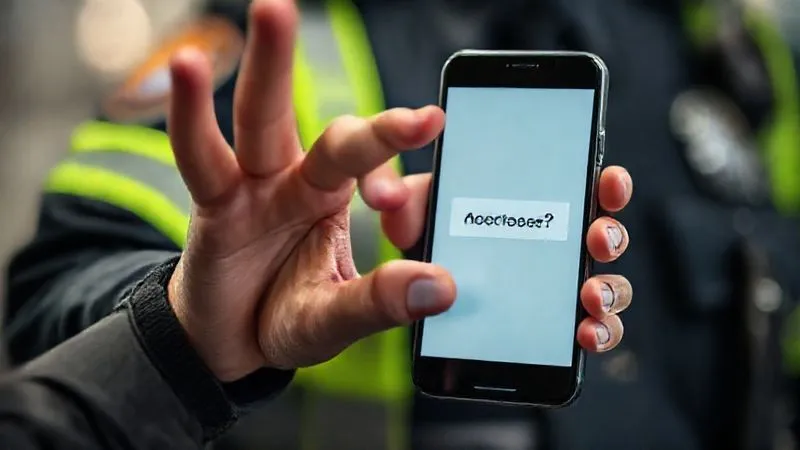 A photorealistic image of a person's hand hesitantly hovering over a smartphone screen displaying a "Grant Access?" prompt, with a blurred police officer's uniform visible in the background, symbolizing subtle coercion. Professional photography, 8K, cinematic lighting, sharp focus on the hand and screen, depth of field blurring the background.