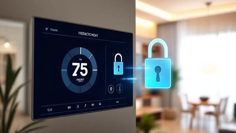 A photorealistic image of a futuristic smart home interface displaying various connected devices (thermostat, security camera feed, smart speaker icon), with a subtle digital lock overlay indicating privacy concerns. Professional photography, 8K, cinematic lighting, sharp focus on the interface, depth of field blurring the home interior.