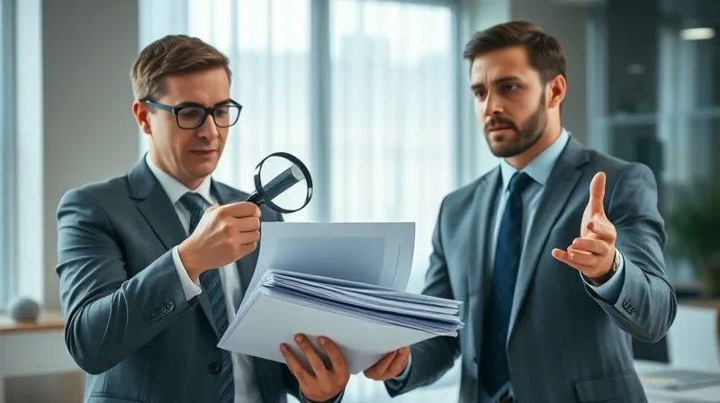 photorealistic, professional photography, 8K, cinematic lighting, sharp focus, depth of field, shot on a high-end DSLR, two legal professionals in a modern, well-lit office, one meticulously reviewing a stack of documents with a magnifying glass, the other confidently presenting a point, symbolizing the detailed scrutiny and strategic response required to overcome creditor objections in a legal battle.