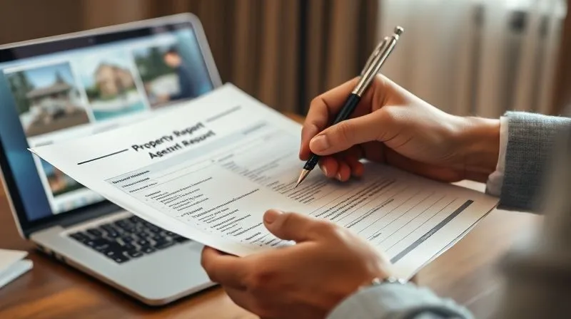 photorealistic, professional photography, 8K, cinematic lighting, sharp focus, depth of field, shot on a high-end DSLR, a hand holding a detailed property appraisal report, with a pen poised to sign, and a blurred background showing a real estate agent's open laptop displaying comparable property listings, emphasizing accuracy and professional documentation in property valuation.