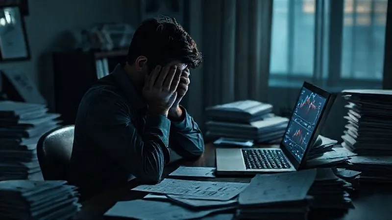 A photorealistic image of a person sitting alone at a desk, head in hands, surrounded by stacks of papers and a laptop displaying financial charts, with a heavy, somber mood. The room is dimly lit, suggesting a long struggle. Professional photography, 8K, cinematic lighting, sharp focus on the person and papers, depth of field, shot on a high-end DSLR.
